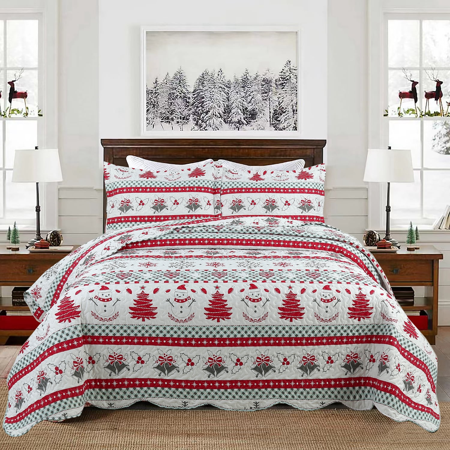 Queen Red and White Microfiber Christmas Quilt Set