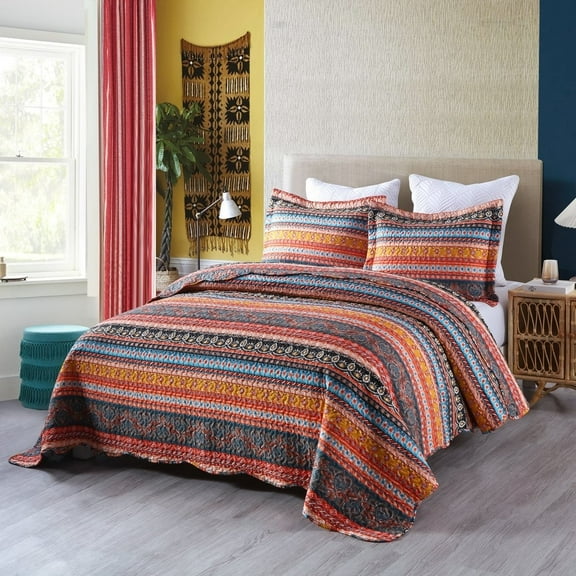 MarCielo 3 Piece Bohemian Quilt Bedspread Set By012 King