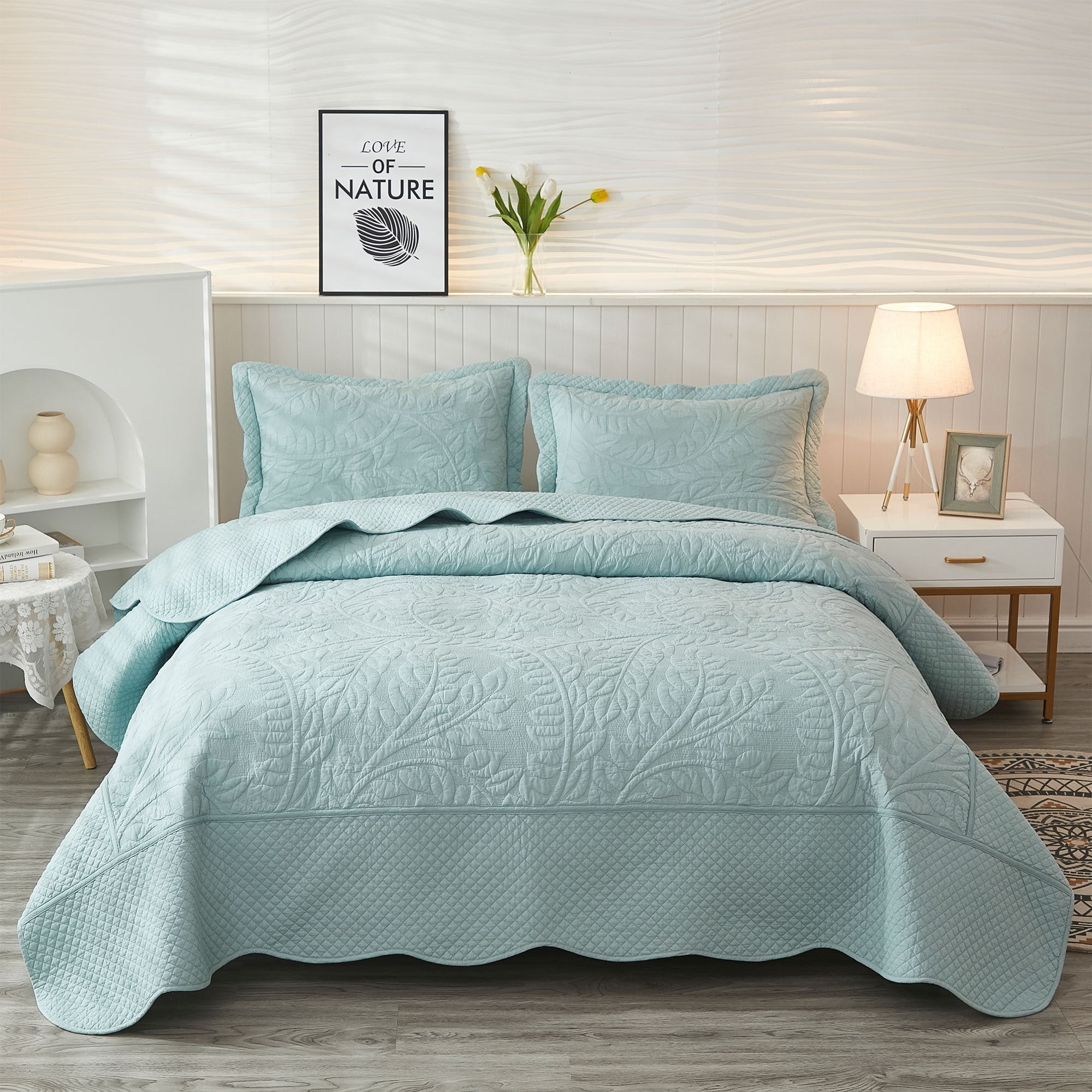 Oversized Green Cotton Queen Bedspread Quilt Set