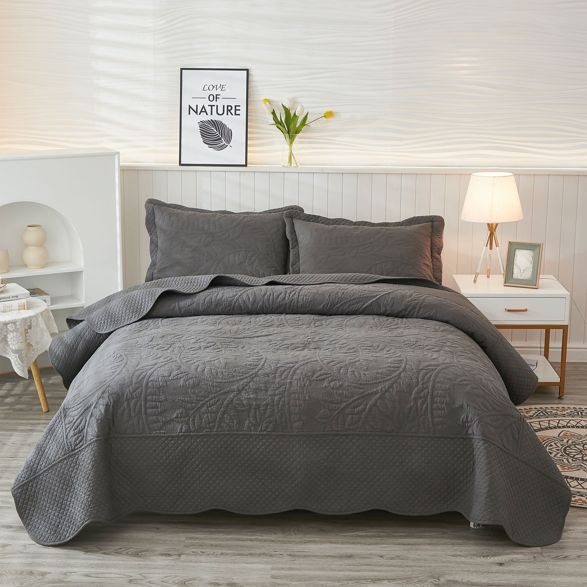 Dark Grey Reversible Cotton Queen Bedspread Set