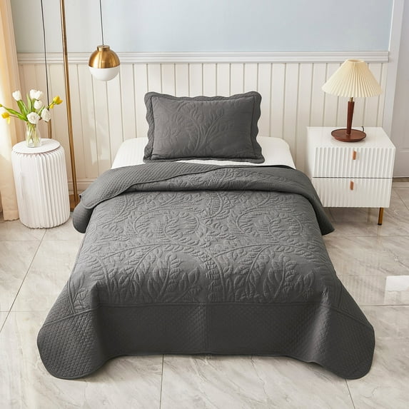 MarCielo 3 Piece Cotton Oversized Bedspread Quilt Set Tmonica Heather Grey - Twin