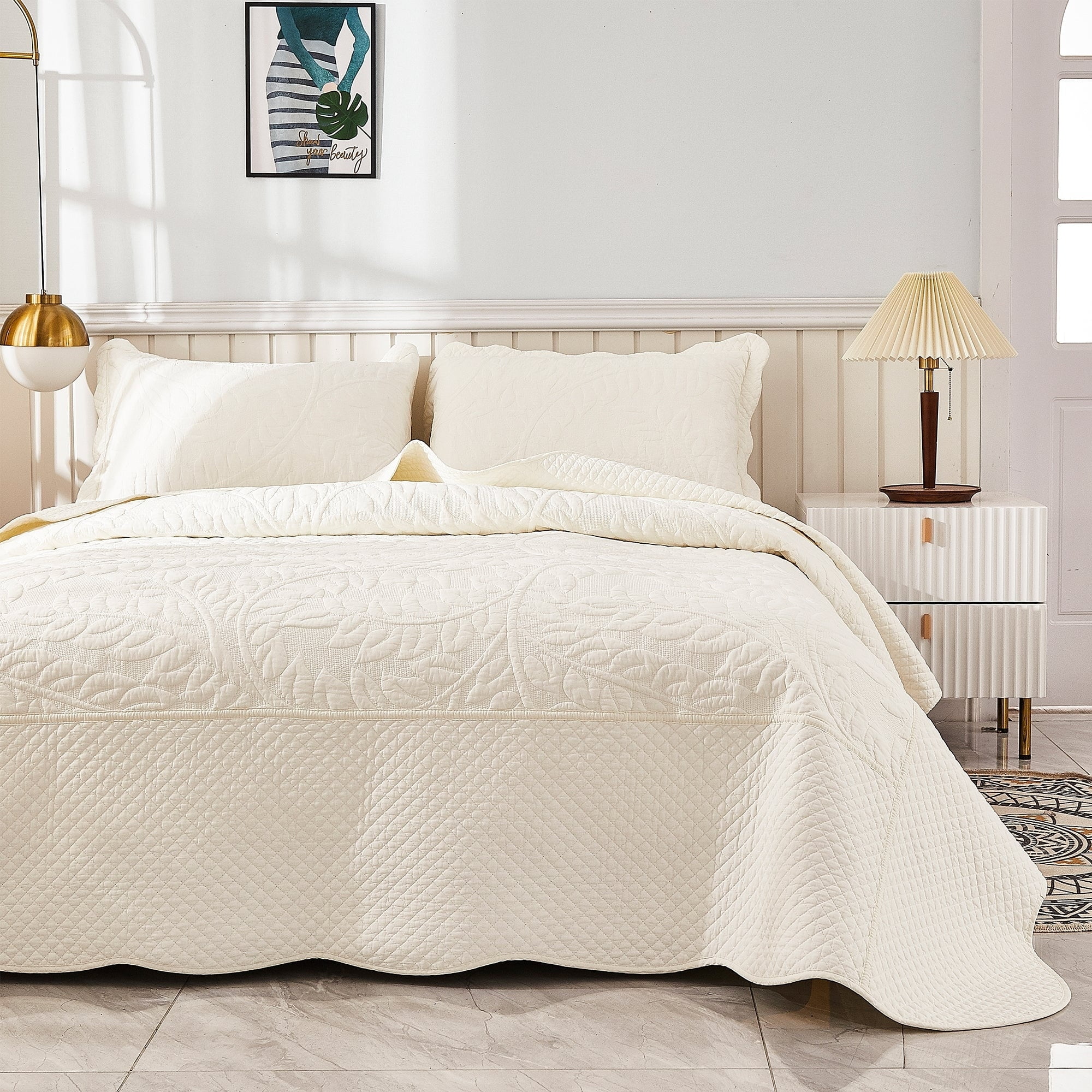 MarCielo  3 Piece Cotton Oversized Bedspread Quilt Set Tmonica Soft White - Queen
