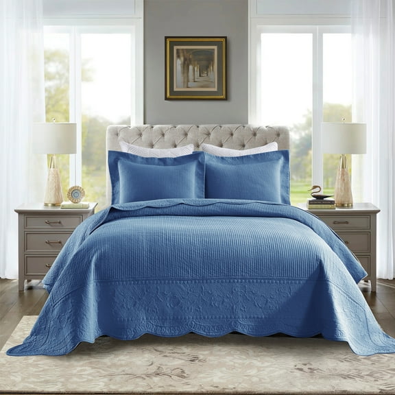 MarCielo  3 Piece Embroidered 100% Cotton Oversized Quilt Bedspread Set TG Midtone Blue - Queen