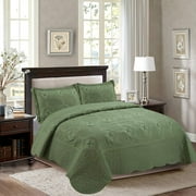 MarCielo 3-Piece Fully Quilted Embroidery Quilts Bedspreads Bed Coverlets Cover Set, Cal King Size, Olive Green, White, Emma(Oversize, Sage)