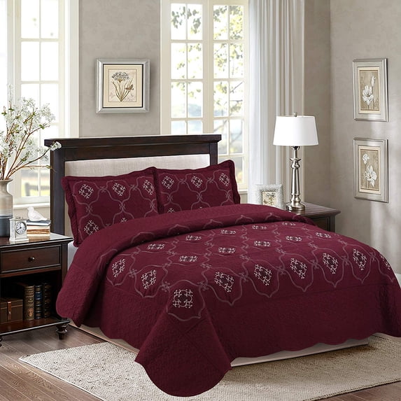 MarCielo 3-Piece Fully Quilted Embroidery Quilts Bedspreads Bed Coverlets Cover Set, Cal King Size, White, Black, Emma(Oversize, Burgundy)