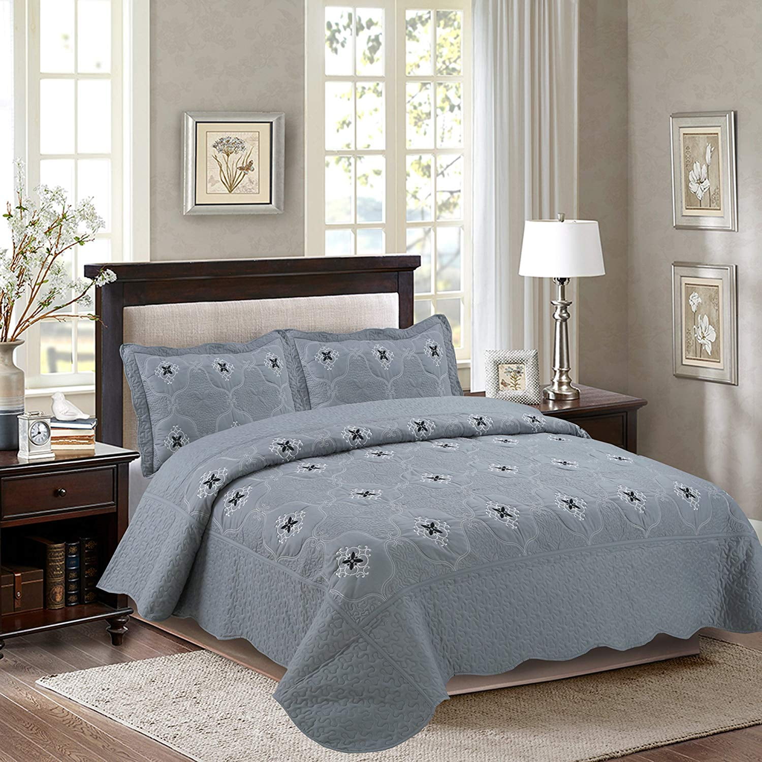 MarCielo 3Piece Fully Quilted Embroidery Quilts Bedspreads Bed