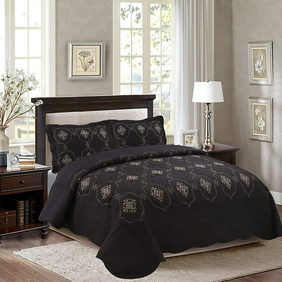 MarCielo 3-Piece Fully Quilted Embroidery Quilts Bedspreads Bed Coverlets Cover Set, Gold, Silver, Emma(Queen Size, Black)