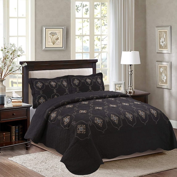 MarCielo 3-Piece Fully Quilted Embroidery Quilts Bedspreads Bed Coverlets Cover Set, Gold, Silver, Emma(Queen Size, Black)