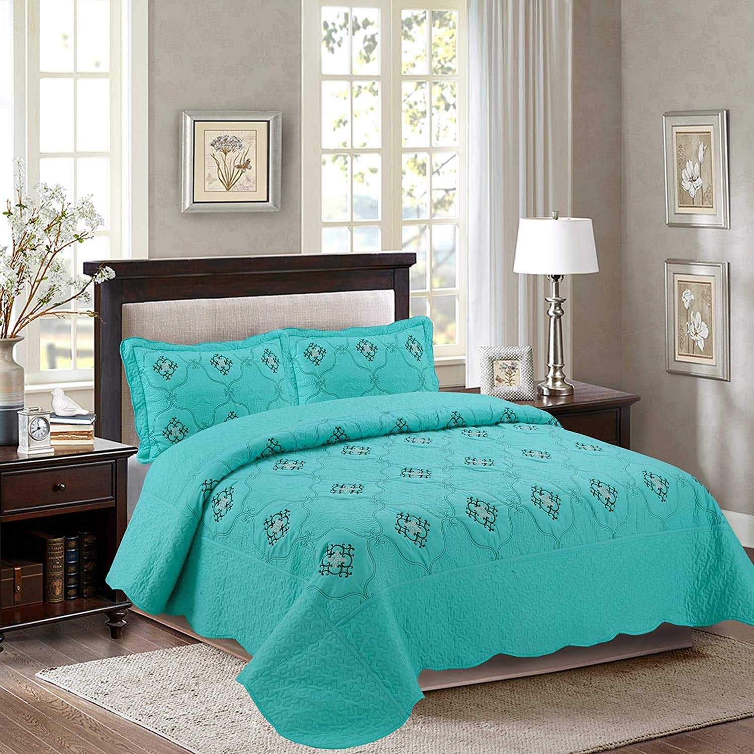 MarCielo 3Piece Fully Quilted Embroidery Quilts Bedspreads Bed