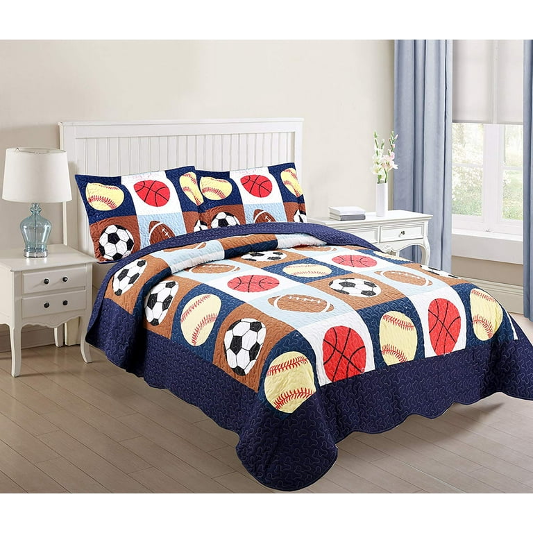 MarCielo 3 Piece Kids Bedspread Quilts Set Throw Blanket for Teens Boys Bed Printed Bedding Coverlet Full Size Blue Basketball Football Sports