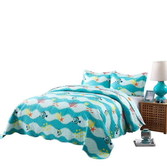 MarCielo 3 Piece Kids Bedspread Quilts Set Throw Blanket for Teens Boys Girls Bed Printed Bedding Coverlet, 277Fish Quilt (Full/queen)