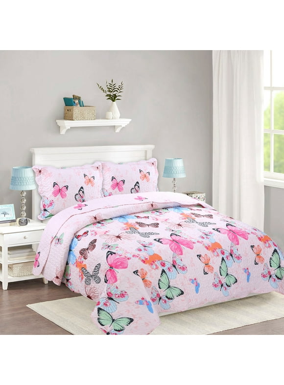 MarCielo 3 Piece Kids Bedspread Quilts Set Throw Blanket for Teens Boys Girls Bed Printed Bedding Coverlet A72 Butterfly (Full/Queen)
