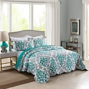 MarCielo 3 Piece Quilted Bedspread, Printed Quilt, Quilt Set Bedding Throw Blanket Coverlet Oversize Lightweight Bedspread Ensemble, Turquoise Teal, King Size, Katrina Blue