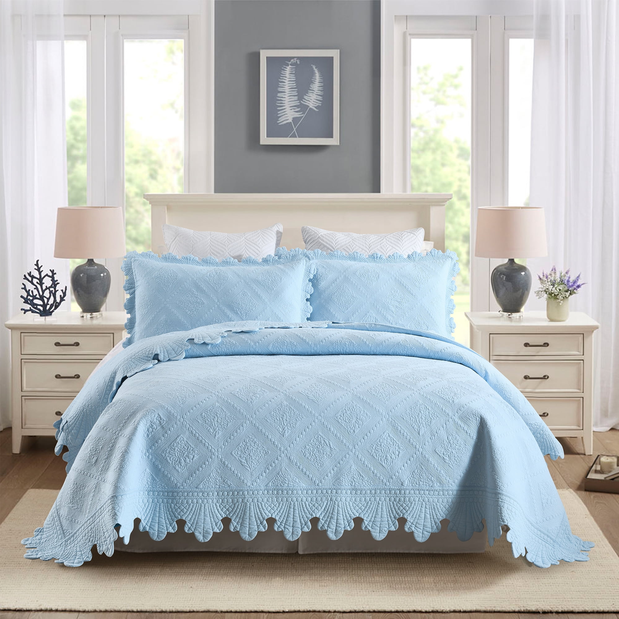 Light Blue Cotton Queen Reversible Bedspread Set