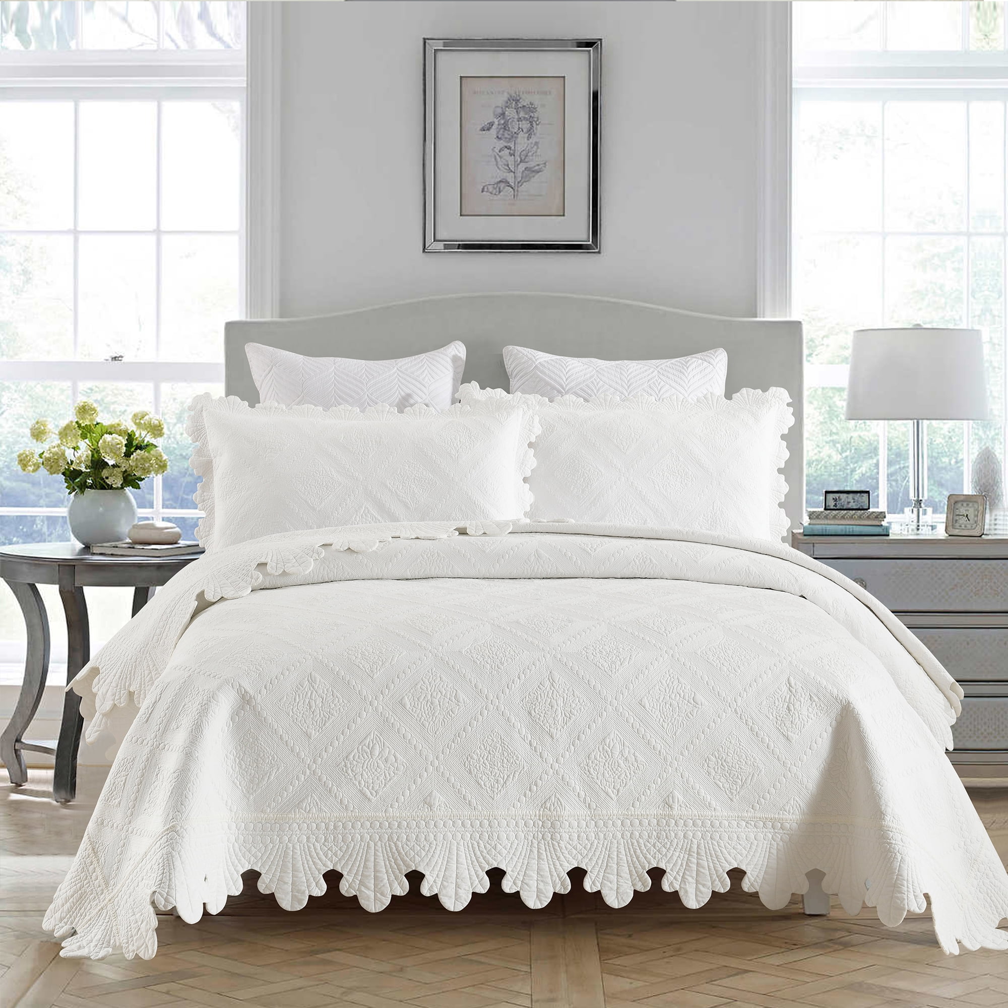 King White Cotton Reversible Bedspread Set