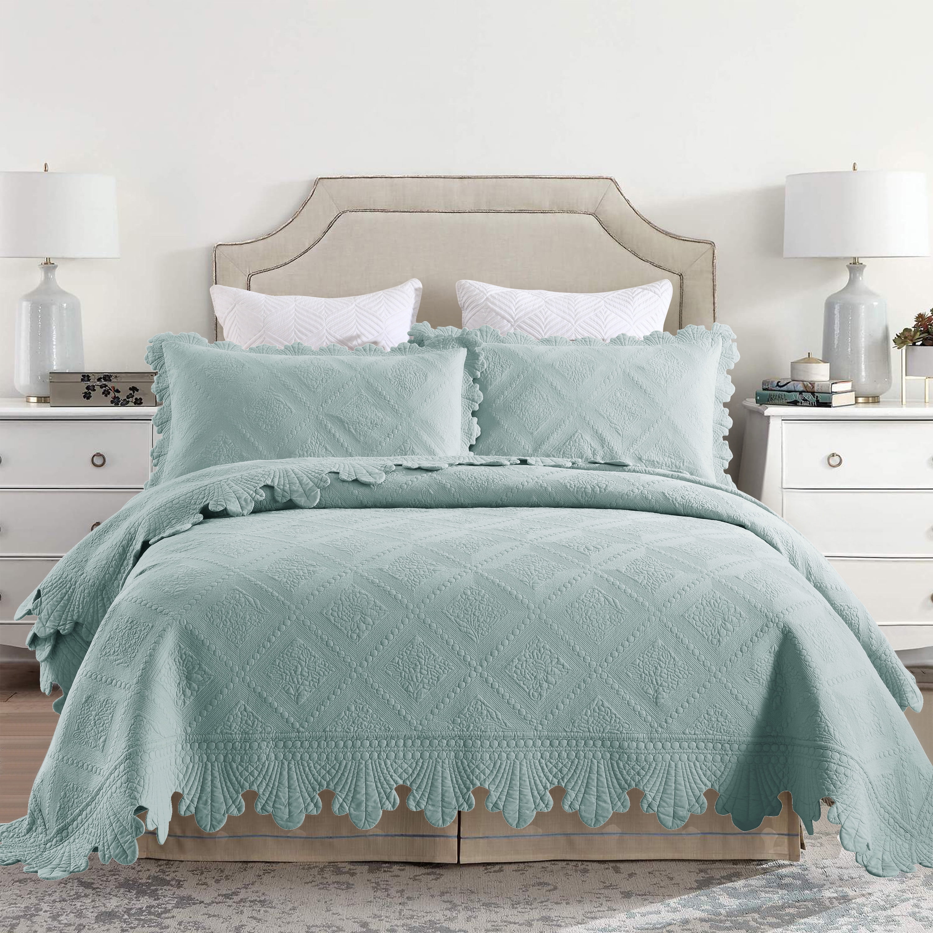 Aqua Green Cotton Reversible Queen Bedspread Set
