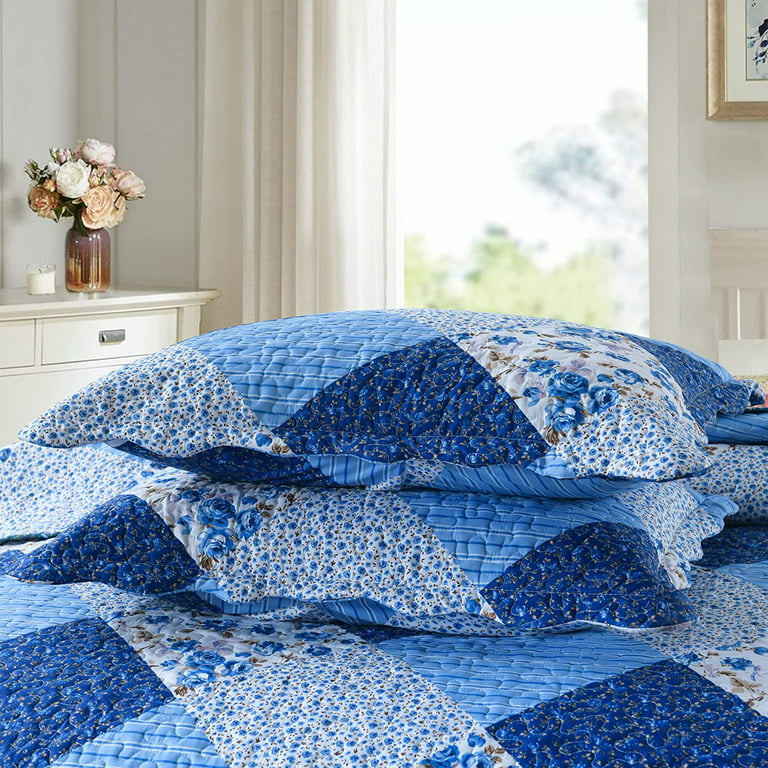 MarCielo Blue Floral Quilted Pillow Sham Microfiber Pillow Shams