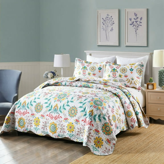 MarCielo Boho Floral Lightweight Quilted Bedspread Set King