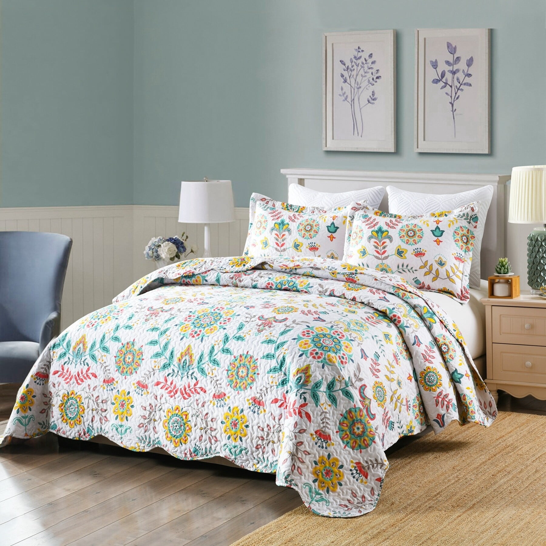 MarCielo Boho Floral Lightweight Quilted Bedspread Set Queen - Walmart.com
