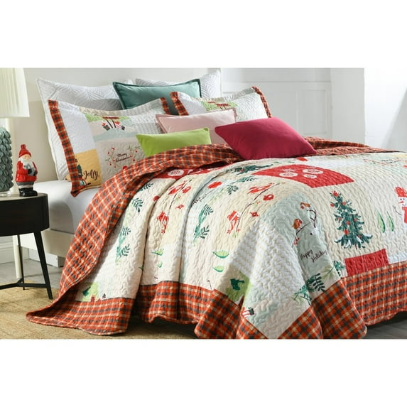 MarCielo Christmas Quilt Set King B022, 1 Quilt 2 Pillow Shams King
