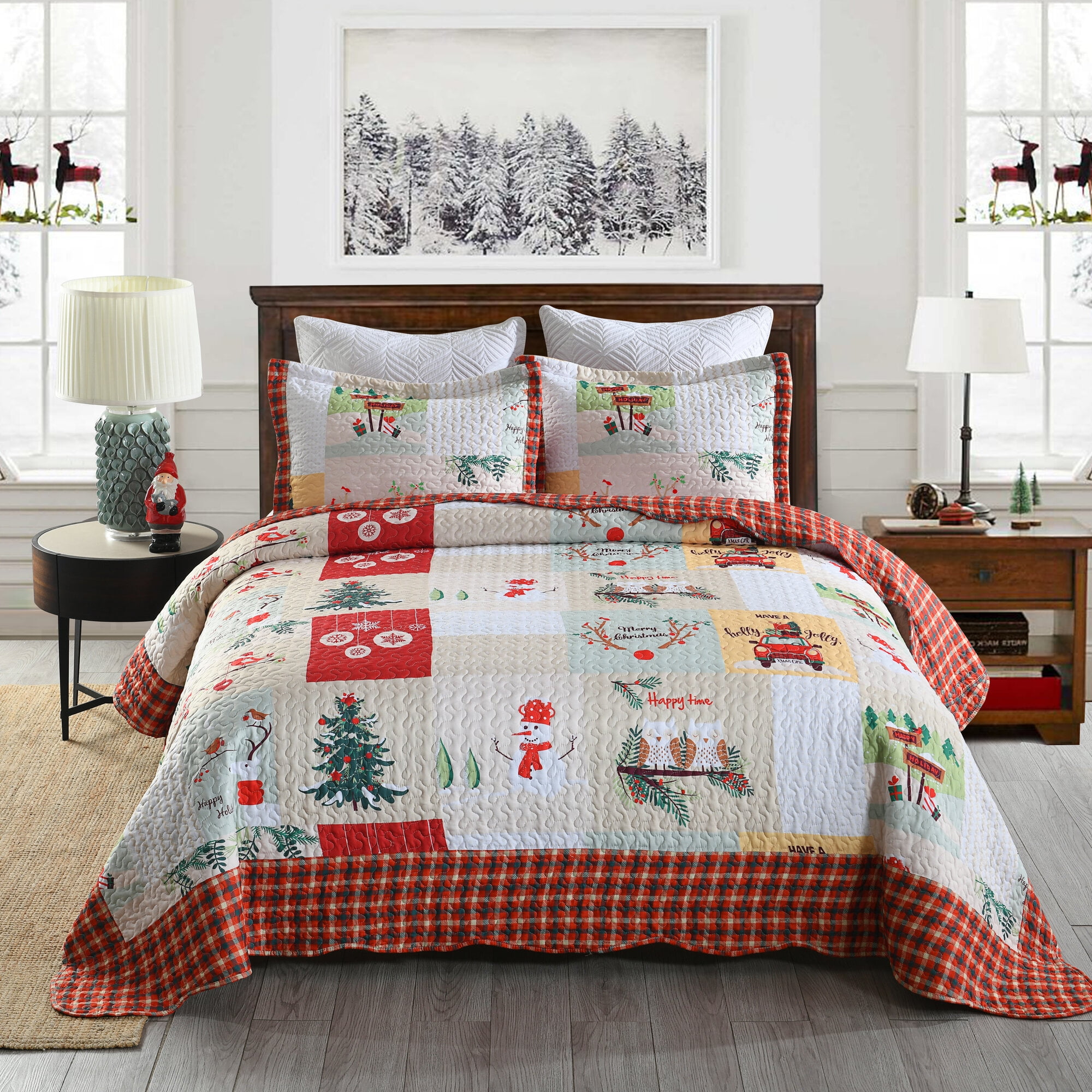 Queen Red Microfiber Christmas Quilt Set with Pillow Shams