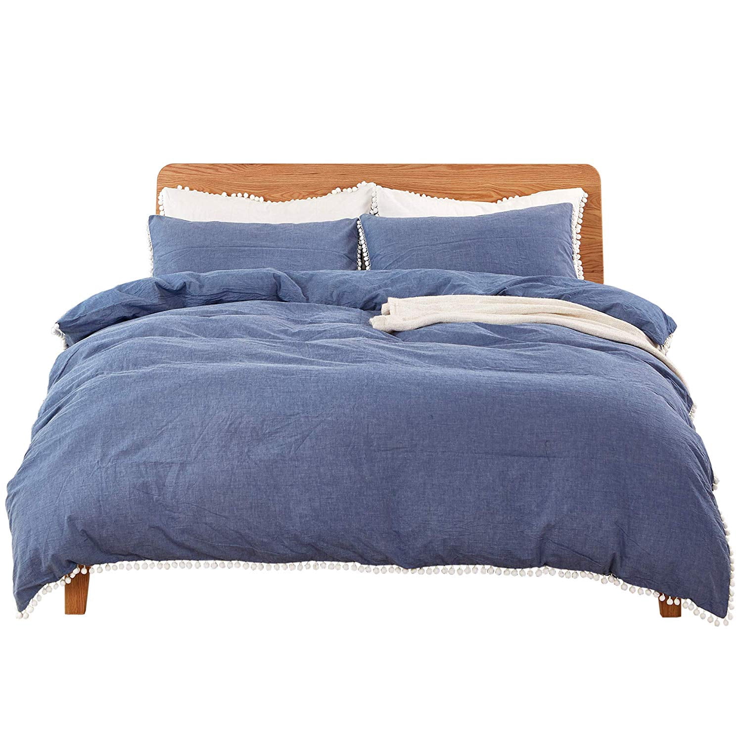 MarCielo Cotton Duvet Cover Set 3 Piece 100% Washed Cotton Duvet Cover 1 Duvet Cover + 2 Pillowcases Pompom (Blue, King(104x90))
