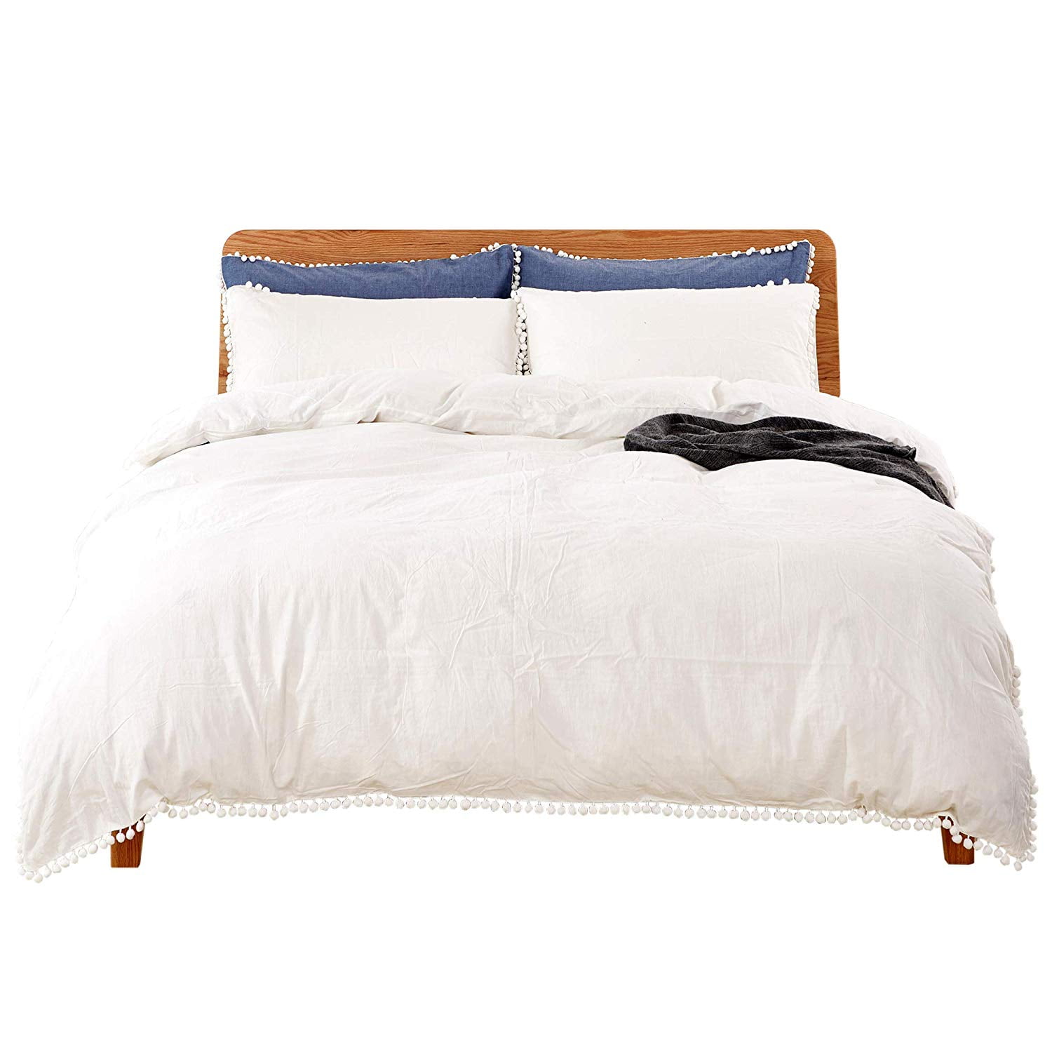 MarCielo Cotton Duvet Cover Set 3 Piece 100% Washed Cotton Duvet Cover 1 Duvet Cover + 2 Pillowcases Pompom (White, King(104x90)
