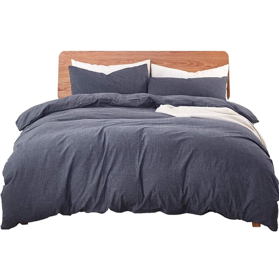 MarCielo Cotton Duvet Cover Set 3 Piece 100% Washed Cotton Duvet Cover 1 Duvet Cover + 2 Pillowcases Solid (Dark Grey, King)