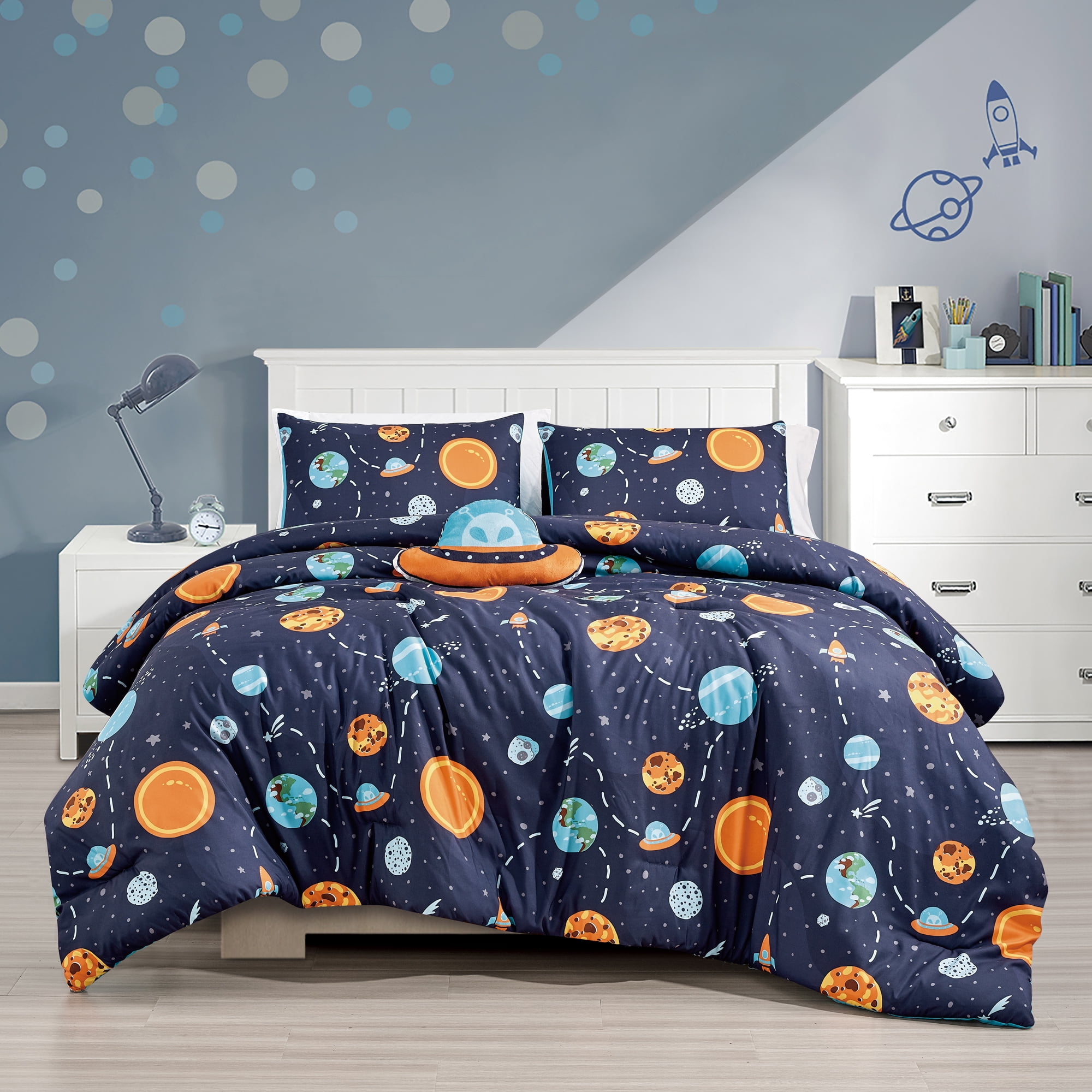 Twin Blue Microfiber Kids Space-Themed Comforter Set