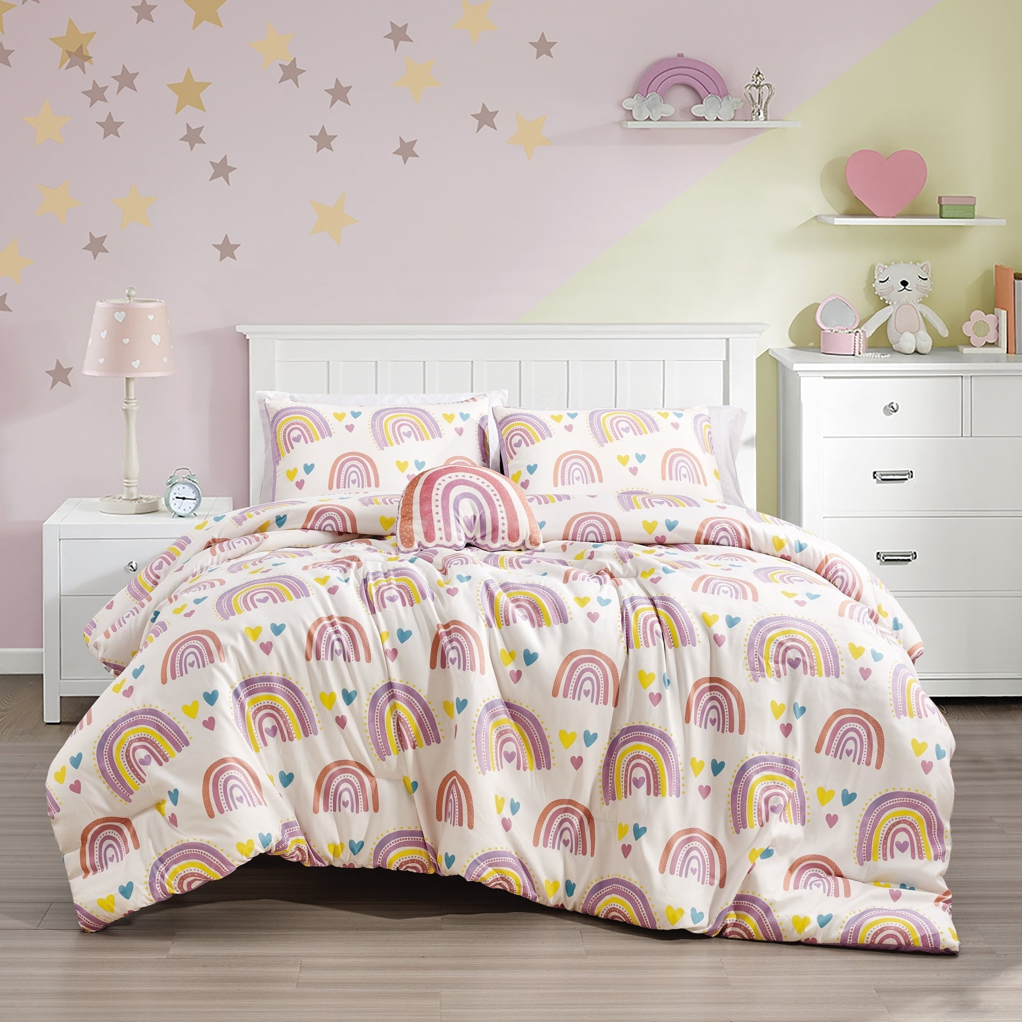 Full Pink Microfiber Kids Comforter Set with Rainbow Design