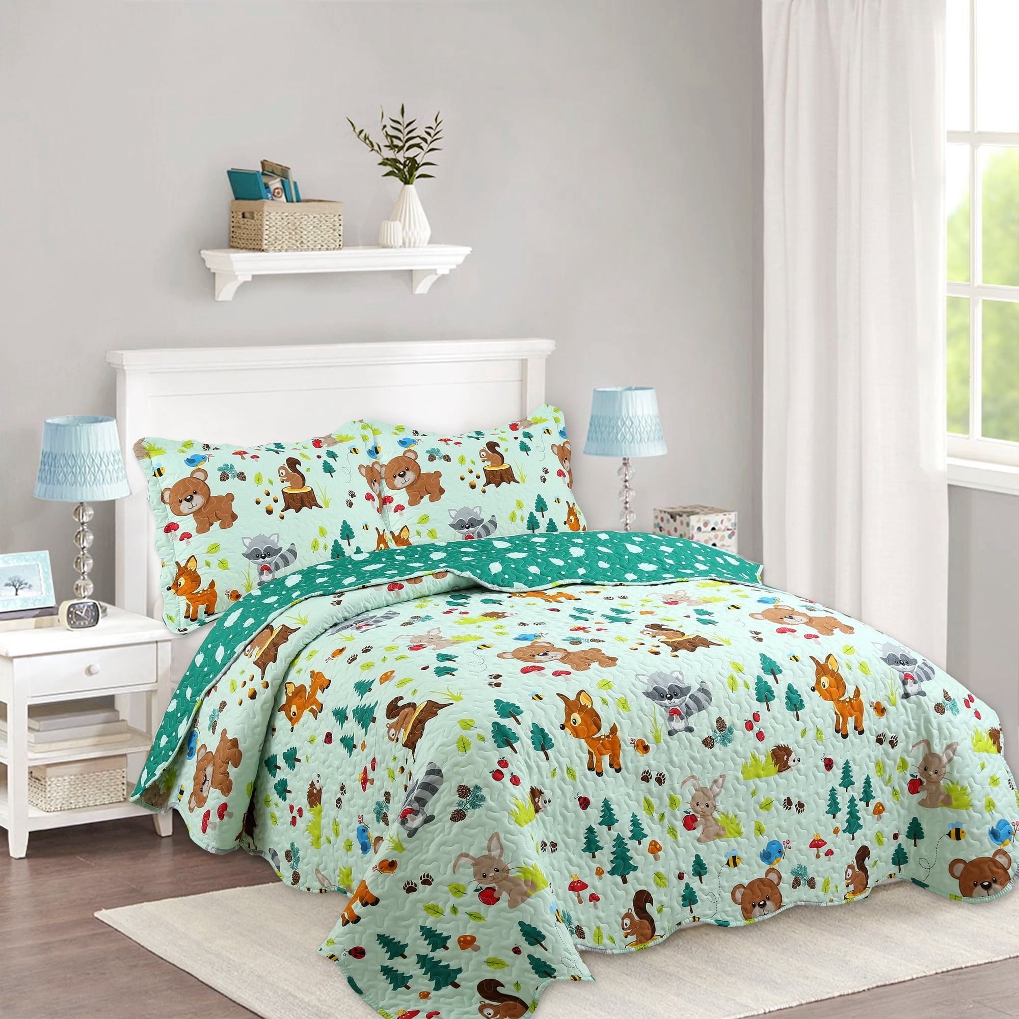 Full Size Green Forest Animal Print Kids Bedspread Set