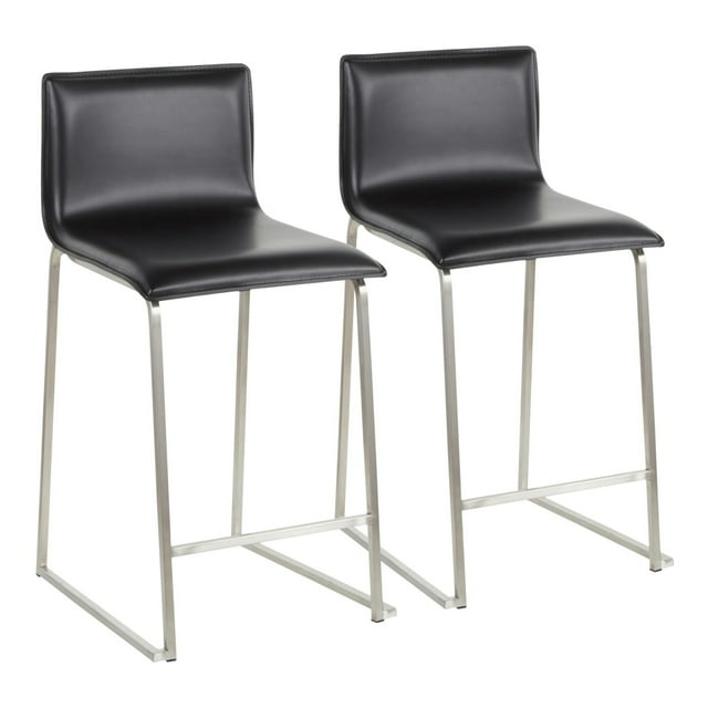 Mara 26" Contemporary Counter Stool In Brushed Stainless Steel, And Black Faux Leather - Set Of 2