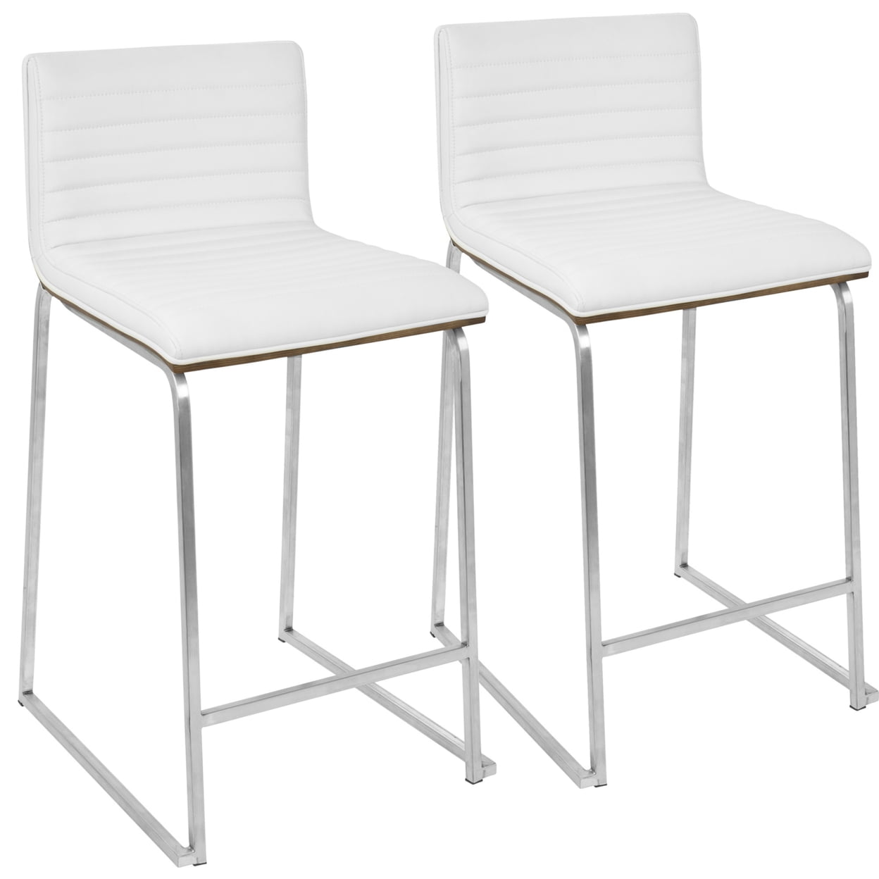 Elegant 26" Mara Modern Counter Stool in White Faux Leather and Walnut