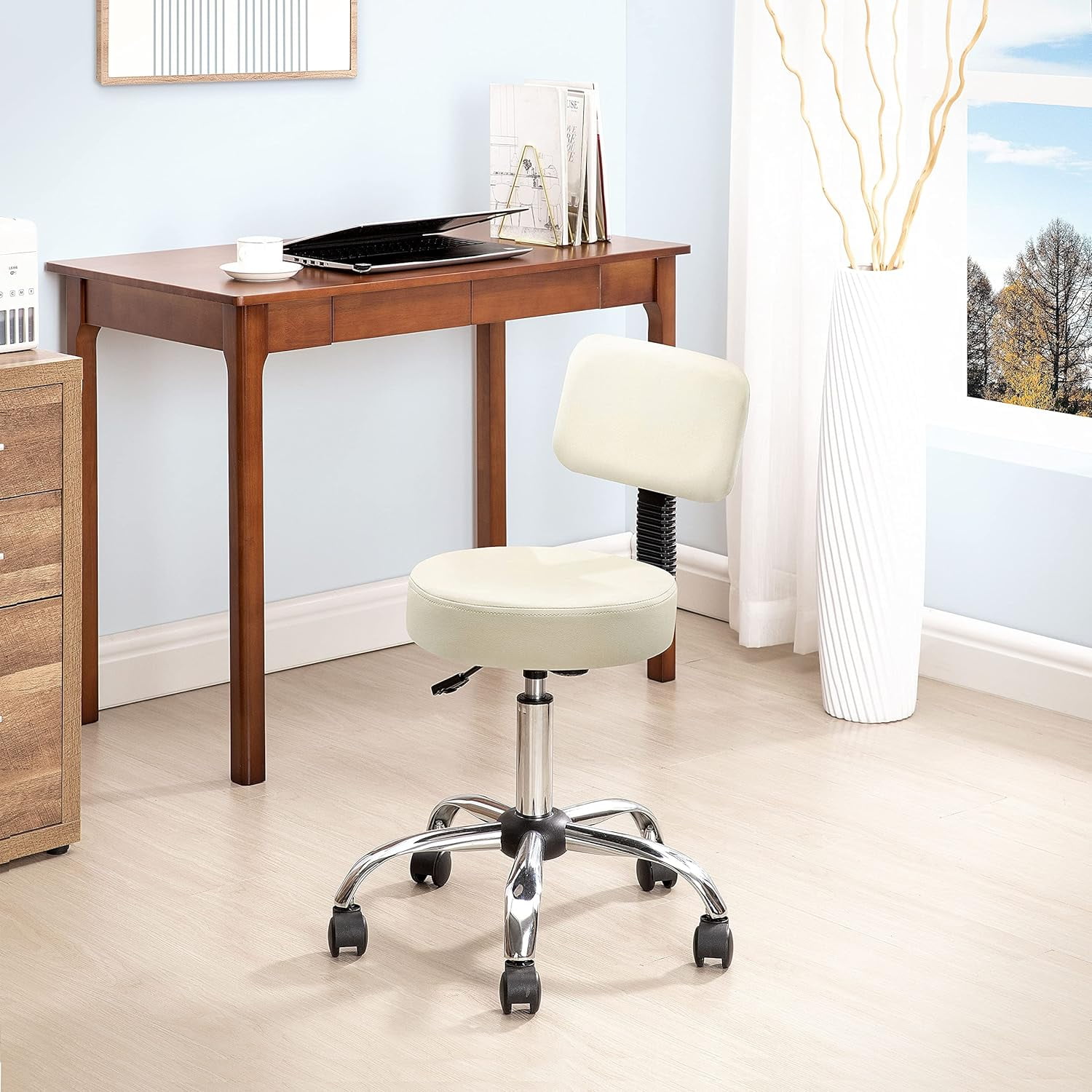 Mara Adjustable Stool With Wheels And Backrest, Office Rolling Stools