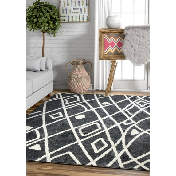 Mara Beni Ourain Grey White Modern Moroccan Trellis Microfiber 5x7 (5'3" x 7'3") Area Rug Vintage Tribal Carpet