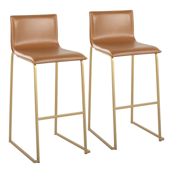 Mara Contemporary Barstool In Gold Steel And Camel Faux Leather - Set Of 2