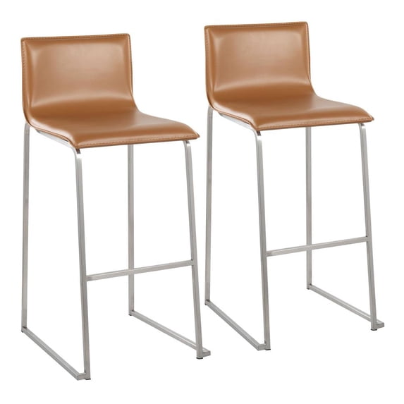 Mara Contemporary Barstool In Stainless Steel And Camel Faux Leather - Set Of 2