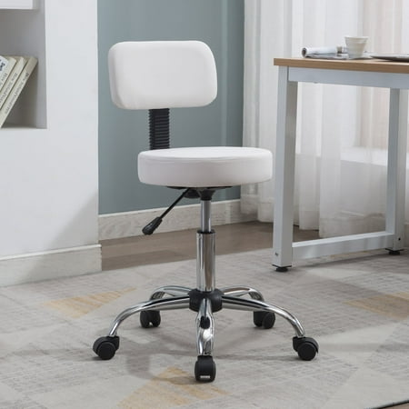 Mara Height Adjustable Drafting Stool with Wheels and Backrest, Space-Saving Rolling Stool with Backrest, Faux Leather Drafting Stool, Swivel Stool with Wheels, Shop Stool by Naomi Home - White