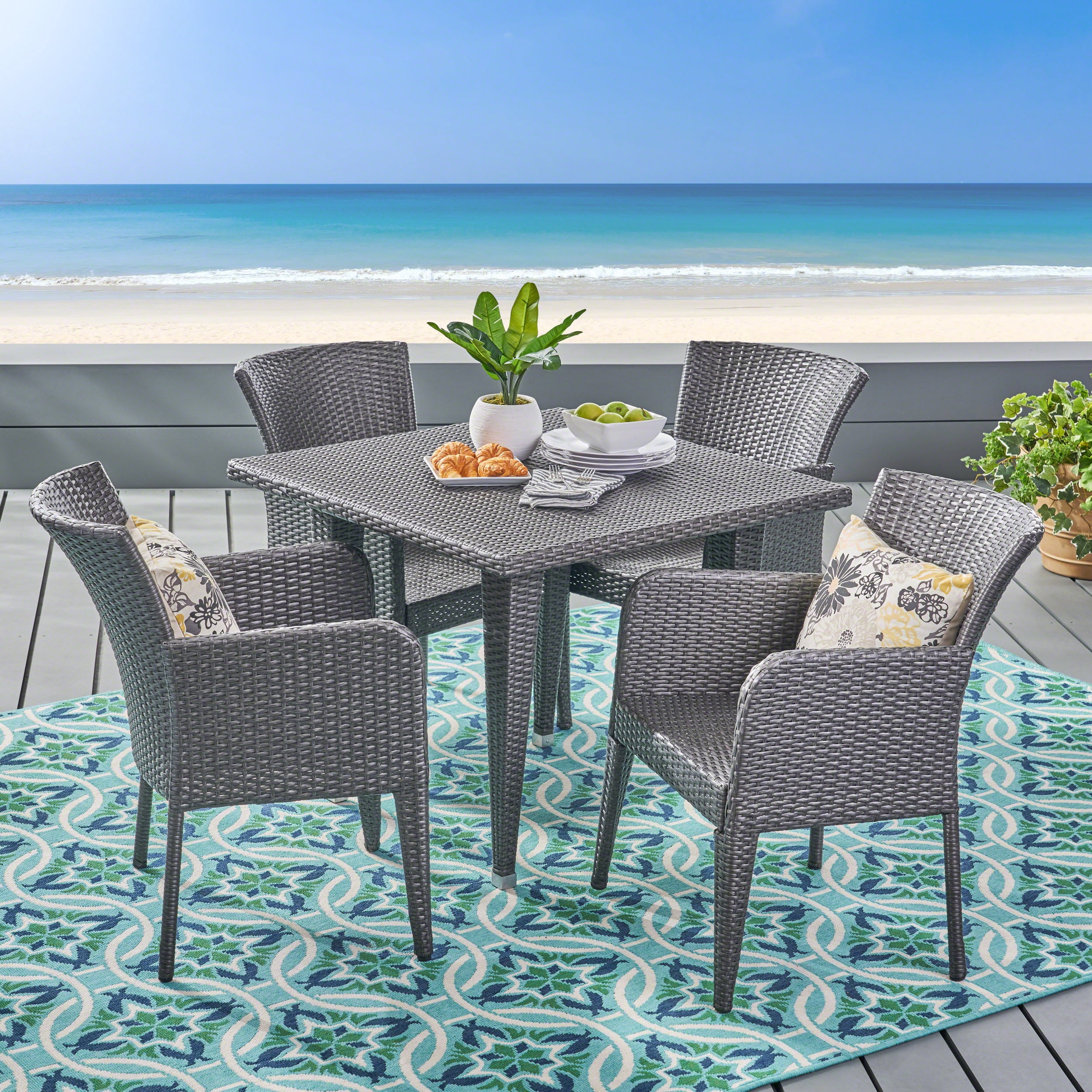 Mara Outdoor 5 Piece Wicker Dining Set, Grey