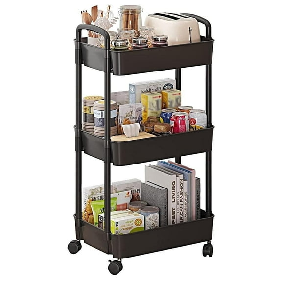 Cowin 3 Tier Metal Rolling Utility Cart with 6 Hooks, Black