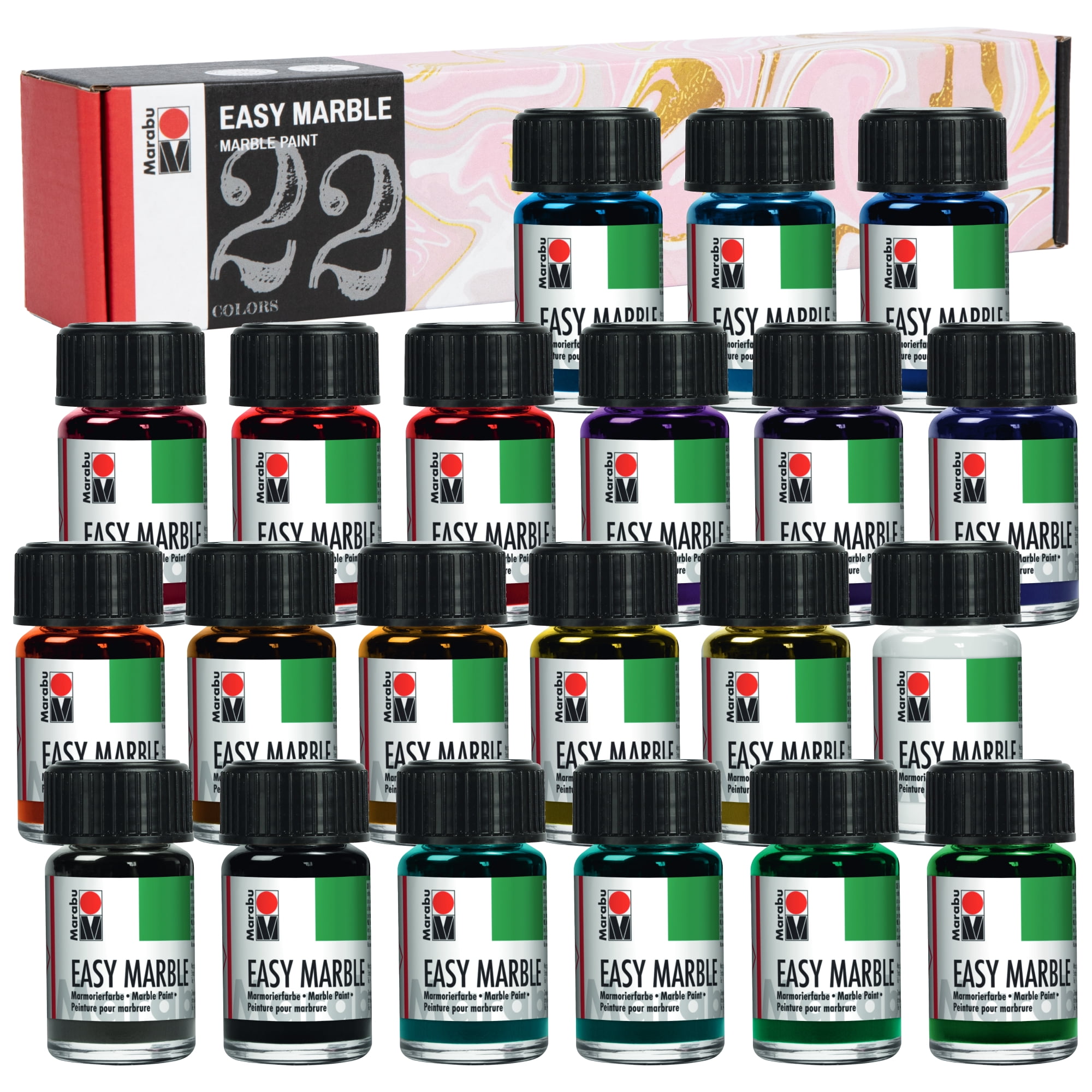 Marabu Easy Marble Paint Set, 22 Vibrant and Metallic Colors, 15ml
