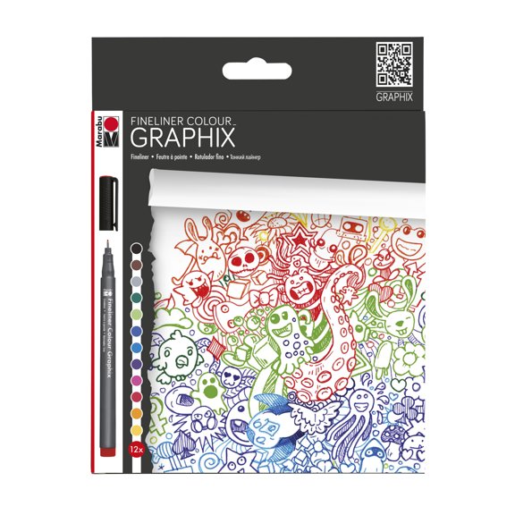 Marabu Graphix Fineliner Set, 12-Colors, Doodle