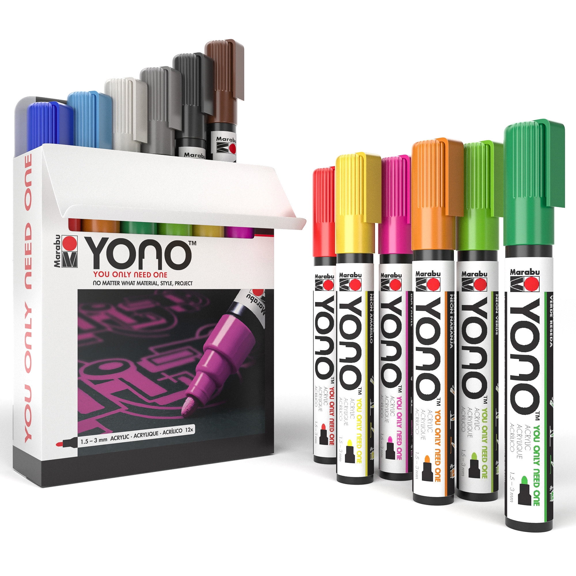 Marabu YONO Acrylic Paint Markers, 12 Brilliant Colors, 3mm Tip