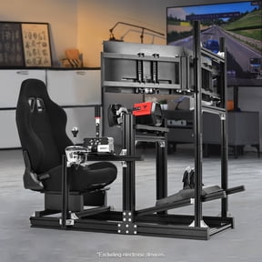 Marada 4080 Aluminum Racing Cockpit with triple monitor mount and black seat. Compatible with multiple racing peripheral brands; steering wheel, pedals, and shifter NOT INCLUDED