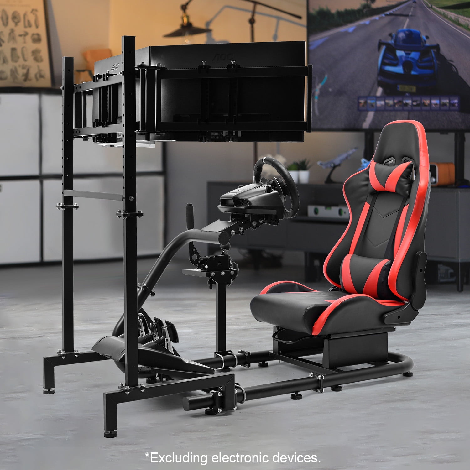 Marada Racing Sim Cockpit Wheel Stand with Seat & Triple Monitor Stand ...