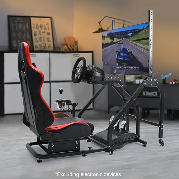 Marada Racing Simulator Cockpit with Red Seat & Single Screen TV Mount, Compatible with Logitech/Thrustmaster Bases. Wheel, Pedals, Shifter Not Included