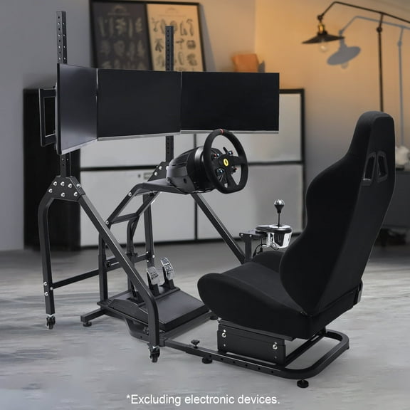Marada Racing Simulator Cockpit Rig with Black Seat & Triple-Screen Mount Included, Supports Logitech & Thrustmaster. Wheel, Pedals, Shifter Not Included.