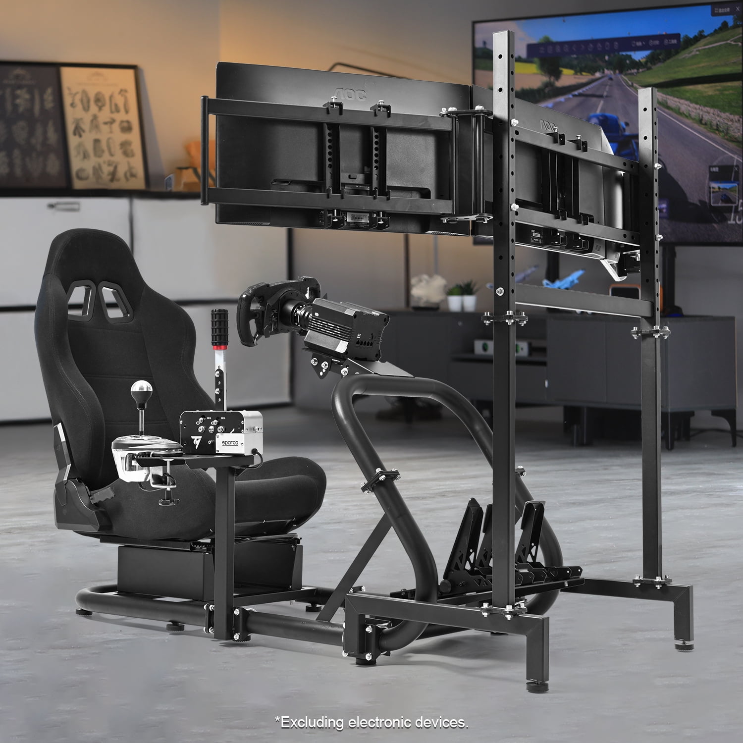 Marada Triple Screen Monitor Stand For 50mm Tube Racing Simulator Cockpits – Black Alloy Steel