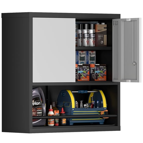 Marage Garage Cabinet,Metal Locking Wall Cabinet for Garage,Utility Cabinet for Office,Warehouse,Grey-Black