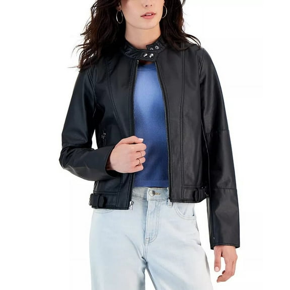 Maralyn & Me BLACK Women's Faux-Leather Long-Sleeve Moto Jacket, US Small